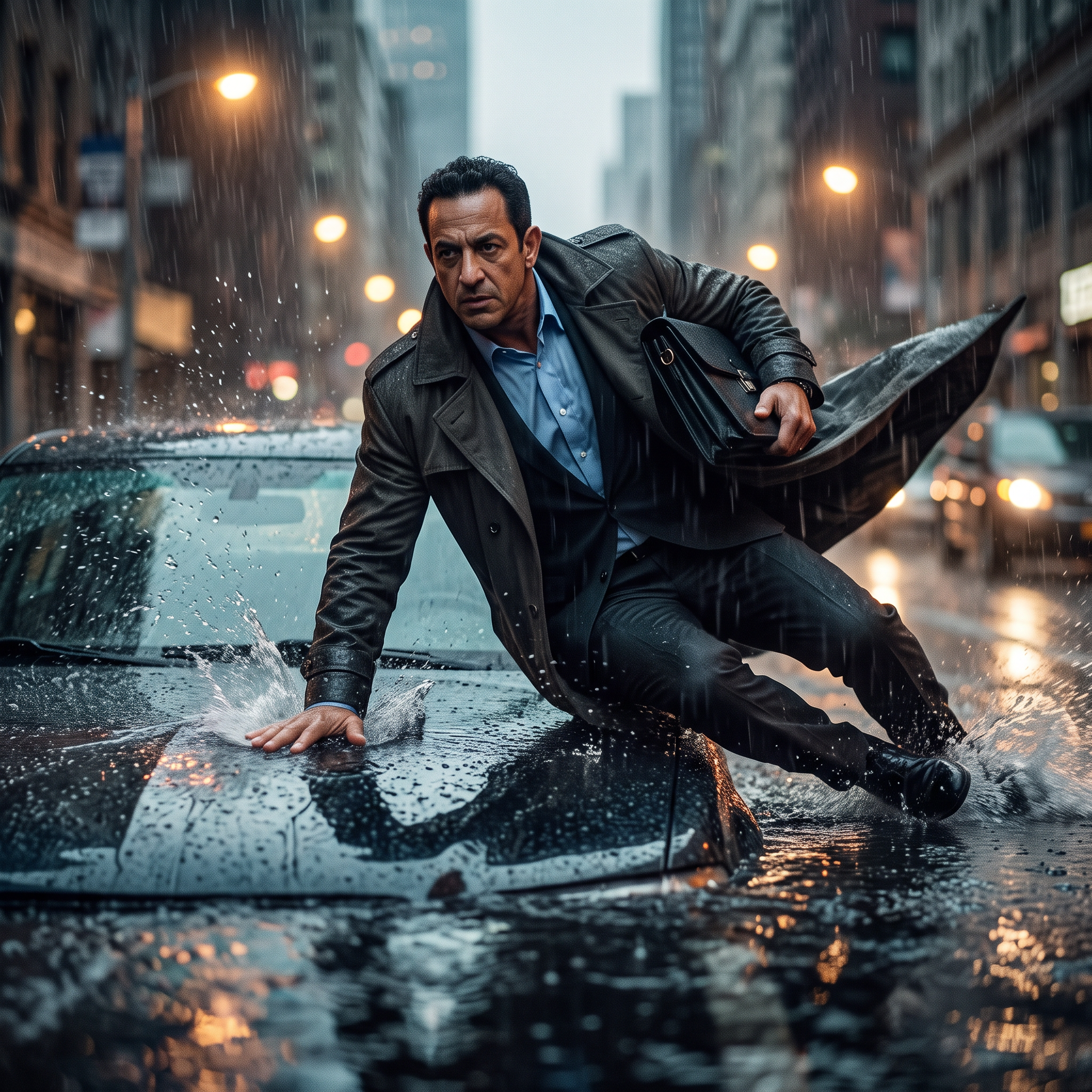 The Fastman Law founder sliding over the hood of a car on a rain-slicked city street at night