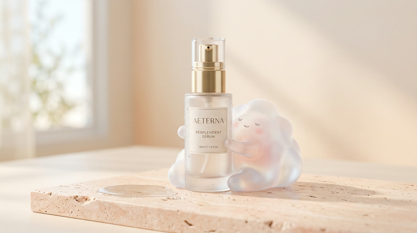 A translucent cloud character hugging a skincare serum bottle in soft daylight