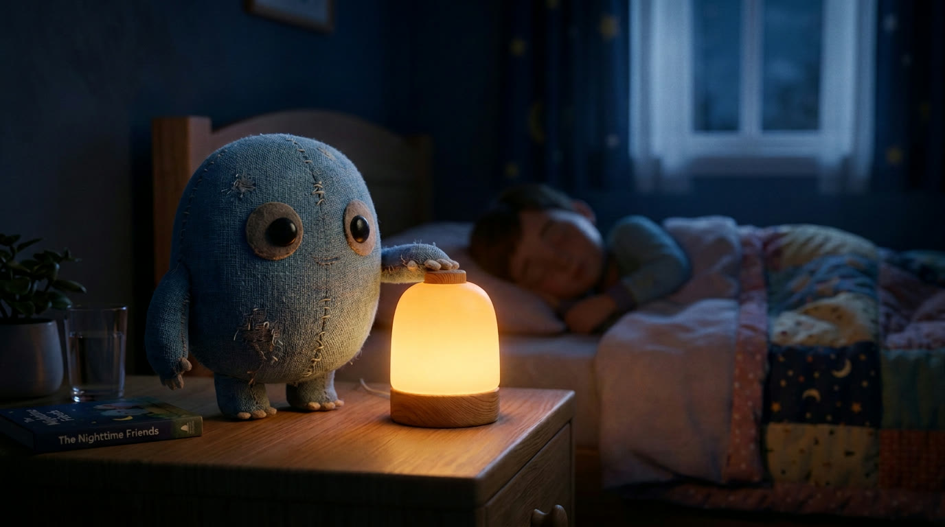 A blue plush character standing guard by a glowing night light