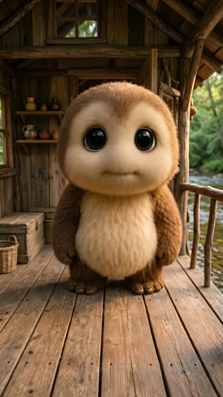 Jawa standing in a cozy woodland home, fully visible