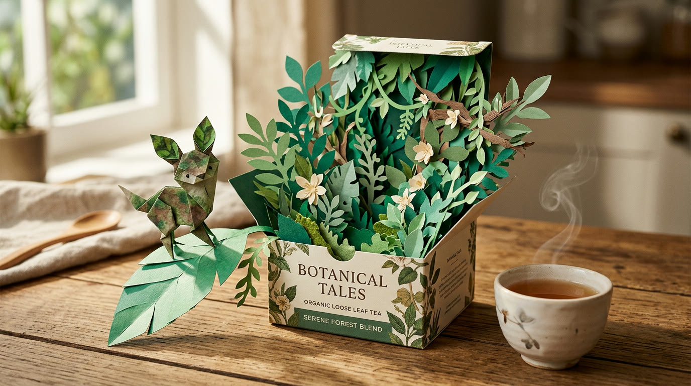 Paper-craft leaves bursting from a botanical tea box on a wooden table