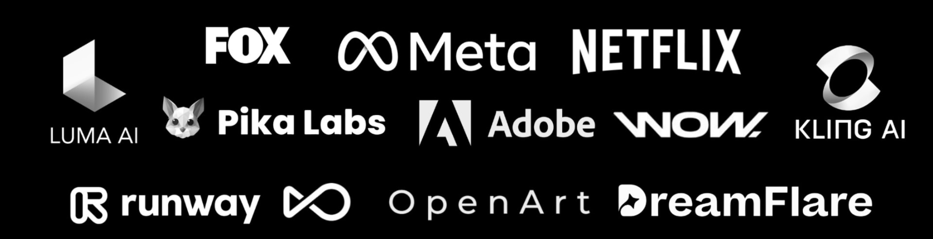 Partner and collaborator logos: Luma AI, FOX, Meta, Netflix, Pika Labs, Adobe, WOW, Kling AI, Runway, OpenArt and DreamFlare
