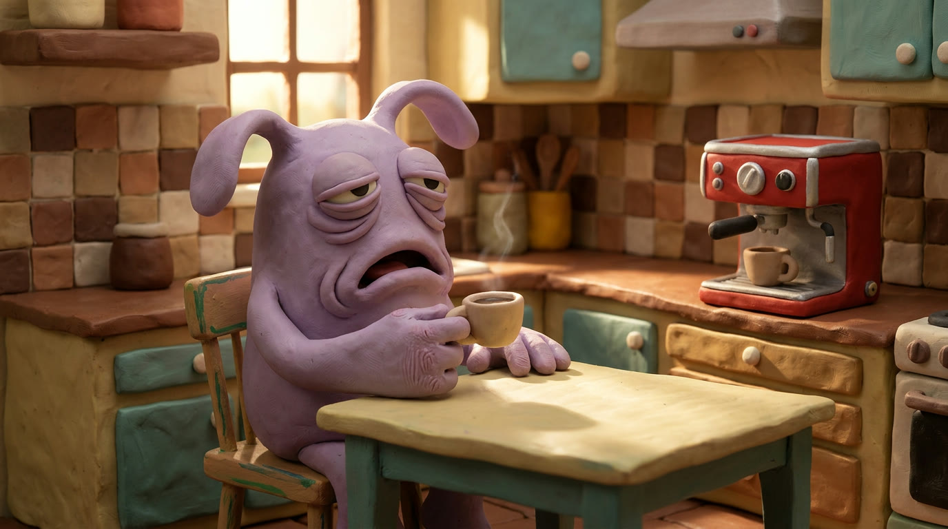 A sleepy purple clay character with a cup of coffee in a cozy clay kitchen
