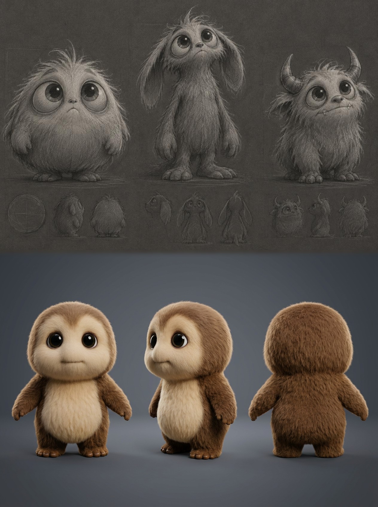 Hand-drawn pencil sketches of monster character variations above the finished Jawa character sheet with front, three-quarter and back views